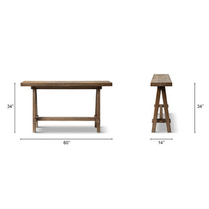 Hawthorne 60' Solid Reclaimed Elm Trestle Console Table, Heritage Medium-Dark Brown