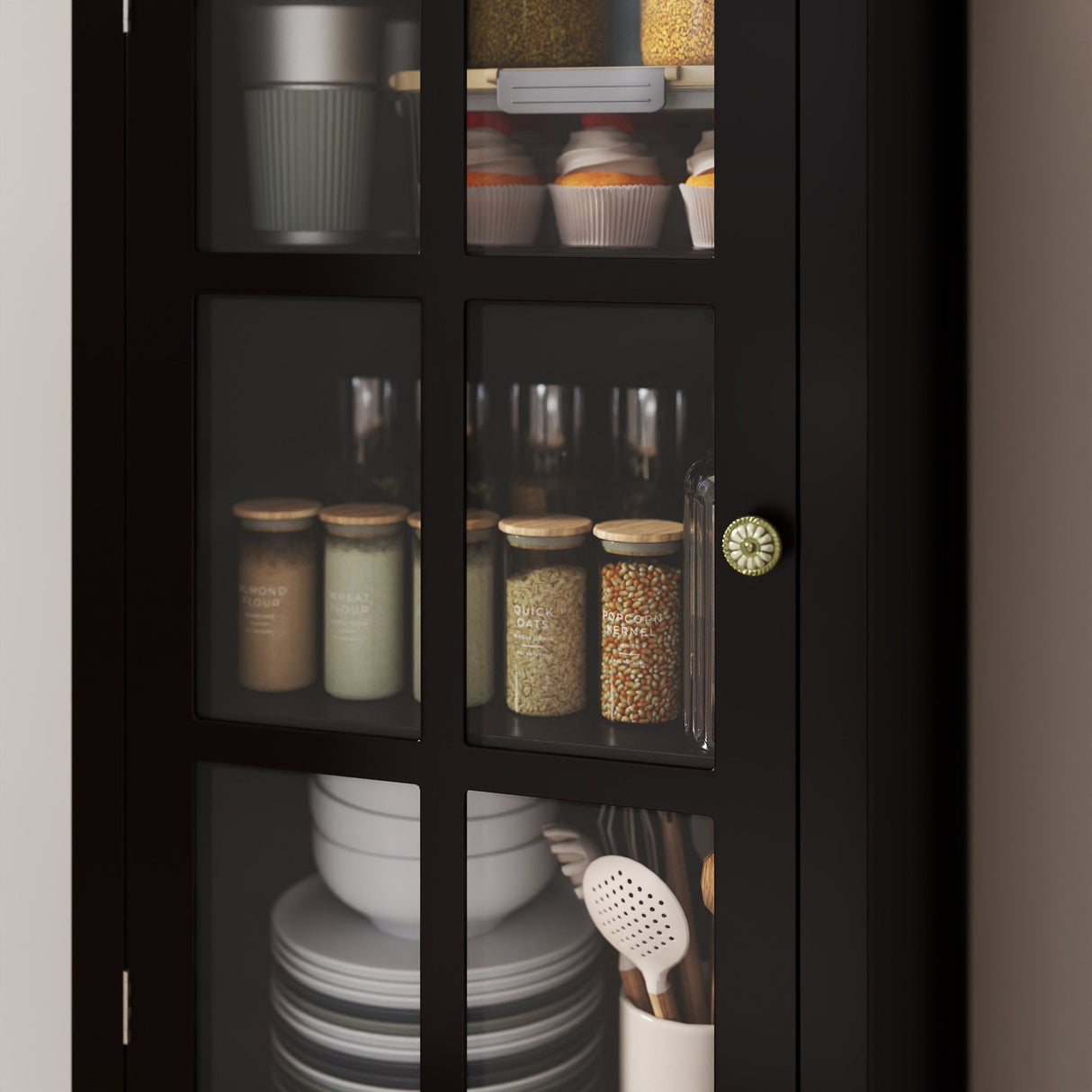 Black Tall Storage Cabinet with Glass Door & 2 Drawers