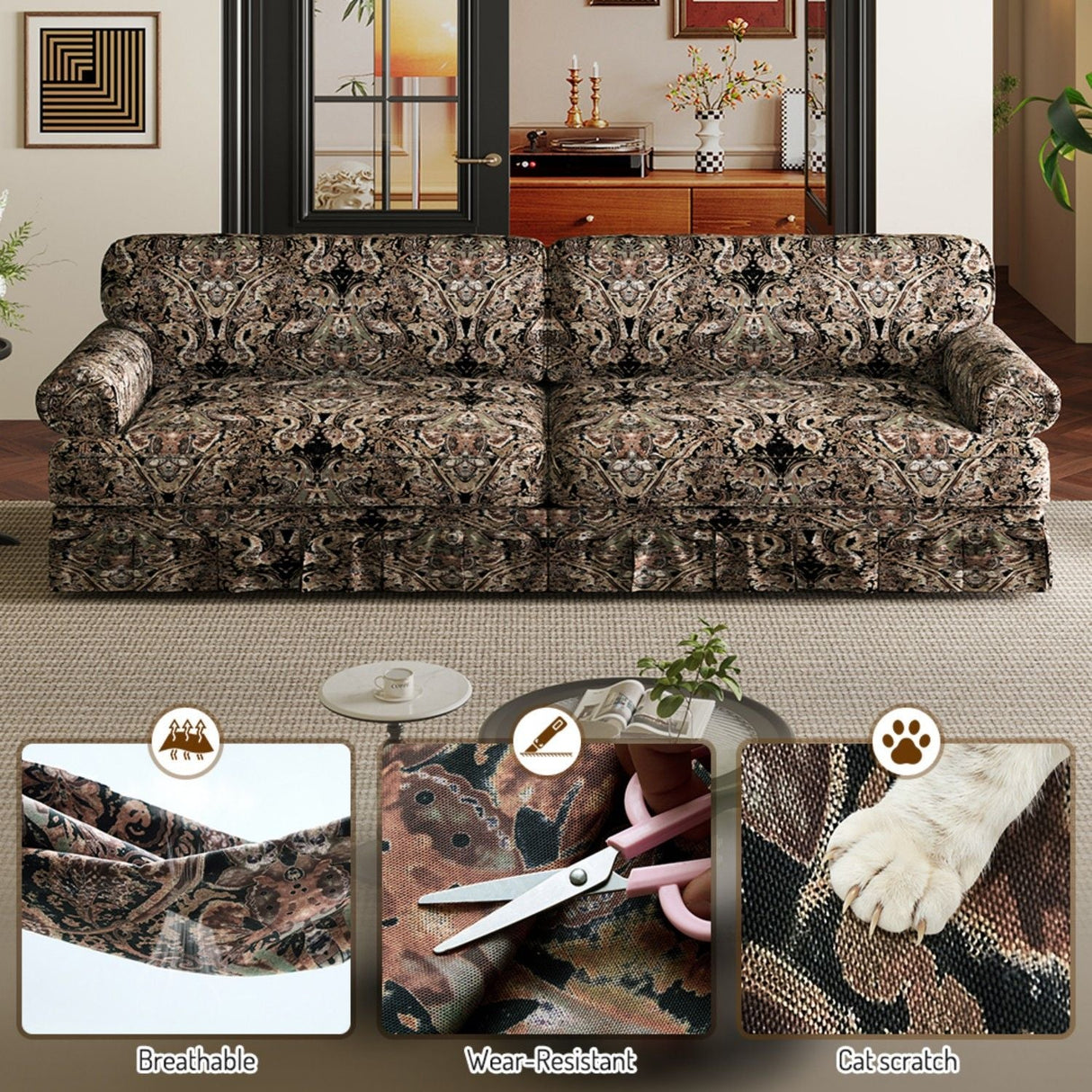 Luxuriously Comfortable Cloud Couch Sofa With Elegant Rolled Arms & Pleated Skirt Design