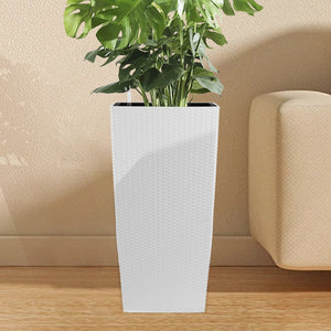 Indoor/Outdoor Modern Faux Rattan Design Square Planter, 22.6 inch White Plastic Large Planter with Automatic Watering System for Home and Garden (White, 22.6 inch - 2 Pack)