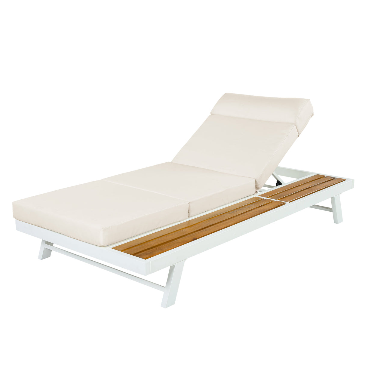 White Iron and Teak Finish Outdoor Chaise Lounge Set
