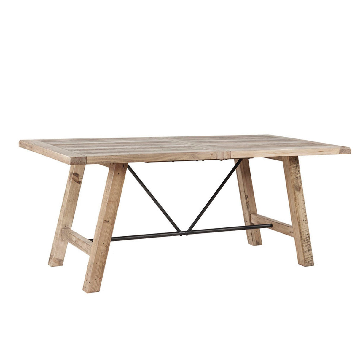 Rustic Dining Table with Metal Support in Natural Pine Wood Finish