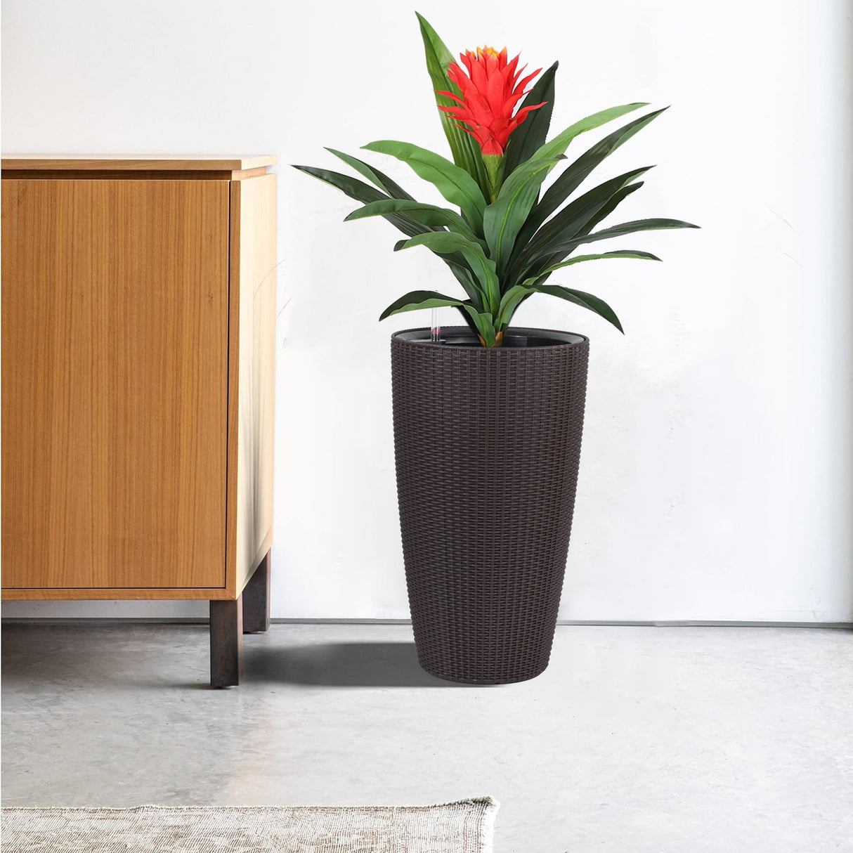 Set of 2 Faux Rattan Tall Planters with Automatic Watering