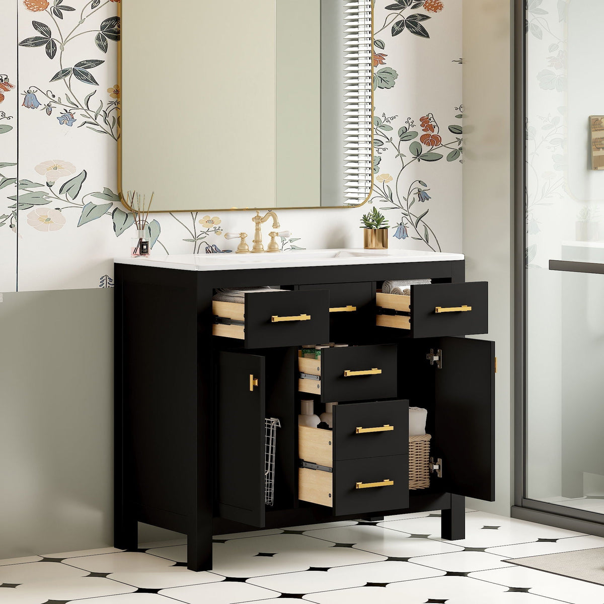 Modern Bathroom Vanity With 36" Resin Sink – 4 Drawer Storage Cabinet