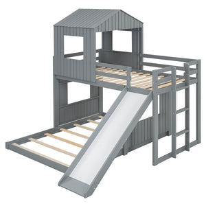 Loft Bunk Bed With Playhouse, Farmhouse Style, Ladder, Slide And Guardrails