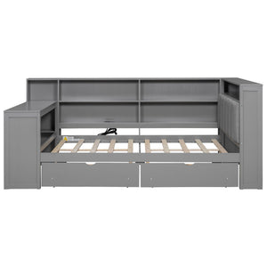 Platform Bed With Upholstered Headboard, Storage Shelves, Drawers, Charging Station, LED Lighting, Built In Desk