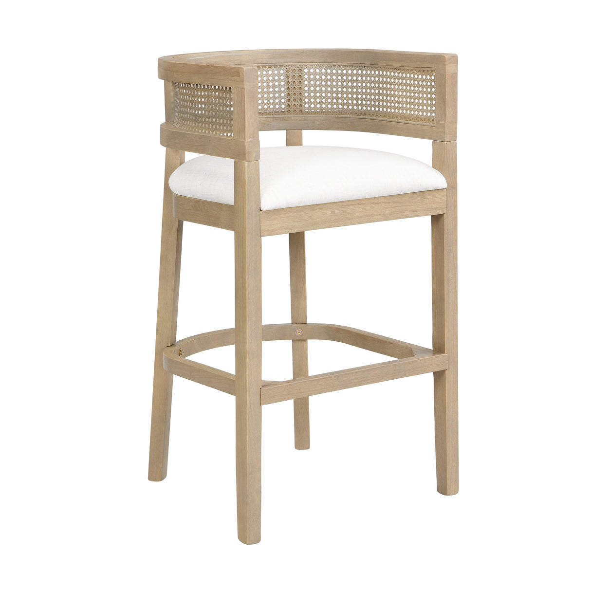 Wood And Rattan Upholstered Arm Bar Stools, Set of 2