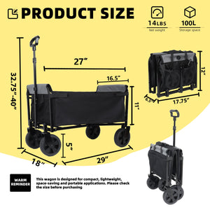 Collapsible Wagon with Wheels - 3 in 1 Lightweight Utility Camping Wagons Carts Foldable (Black)