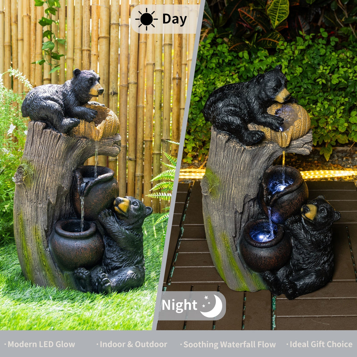 Bear Outdoor Water Fountain with LED Lights - Brown Grey