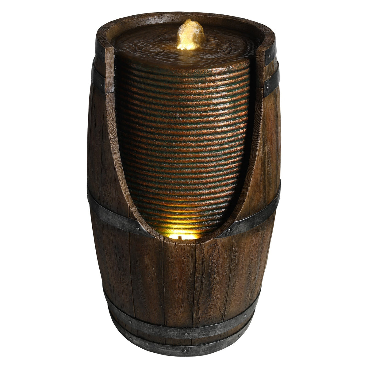 Outdoor Barrel Water Fountain with Lights Rustic Wood Look Resin Handmade Waterfall Garden Decor for Patio Yard Porch