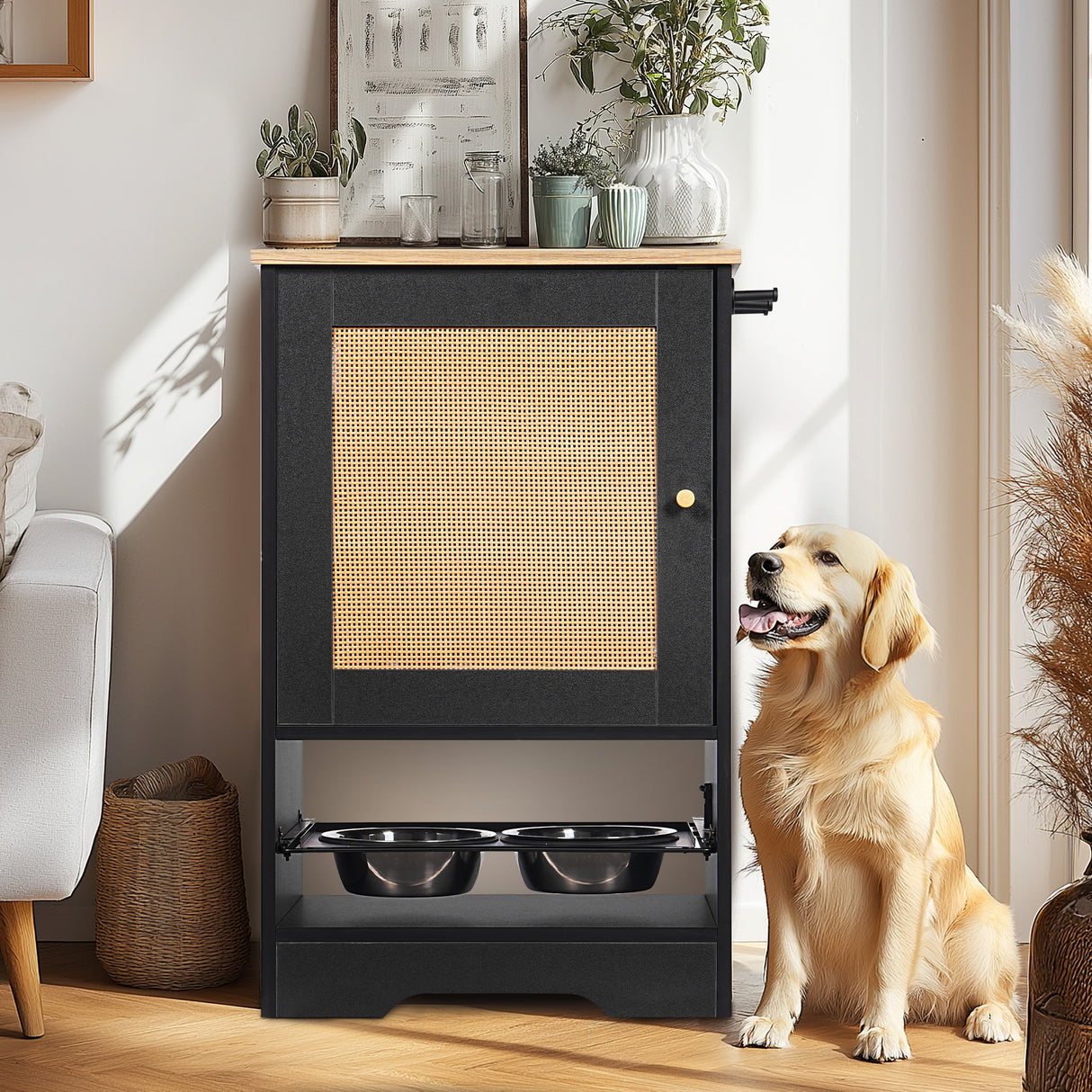 Feeding Station with 1 Storage Cabinets, Pet Feeding Station with 2 Elevated Dog Bowls, Black