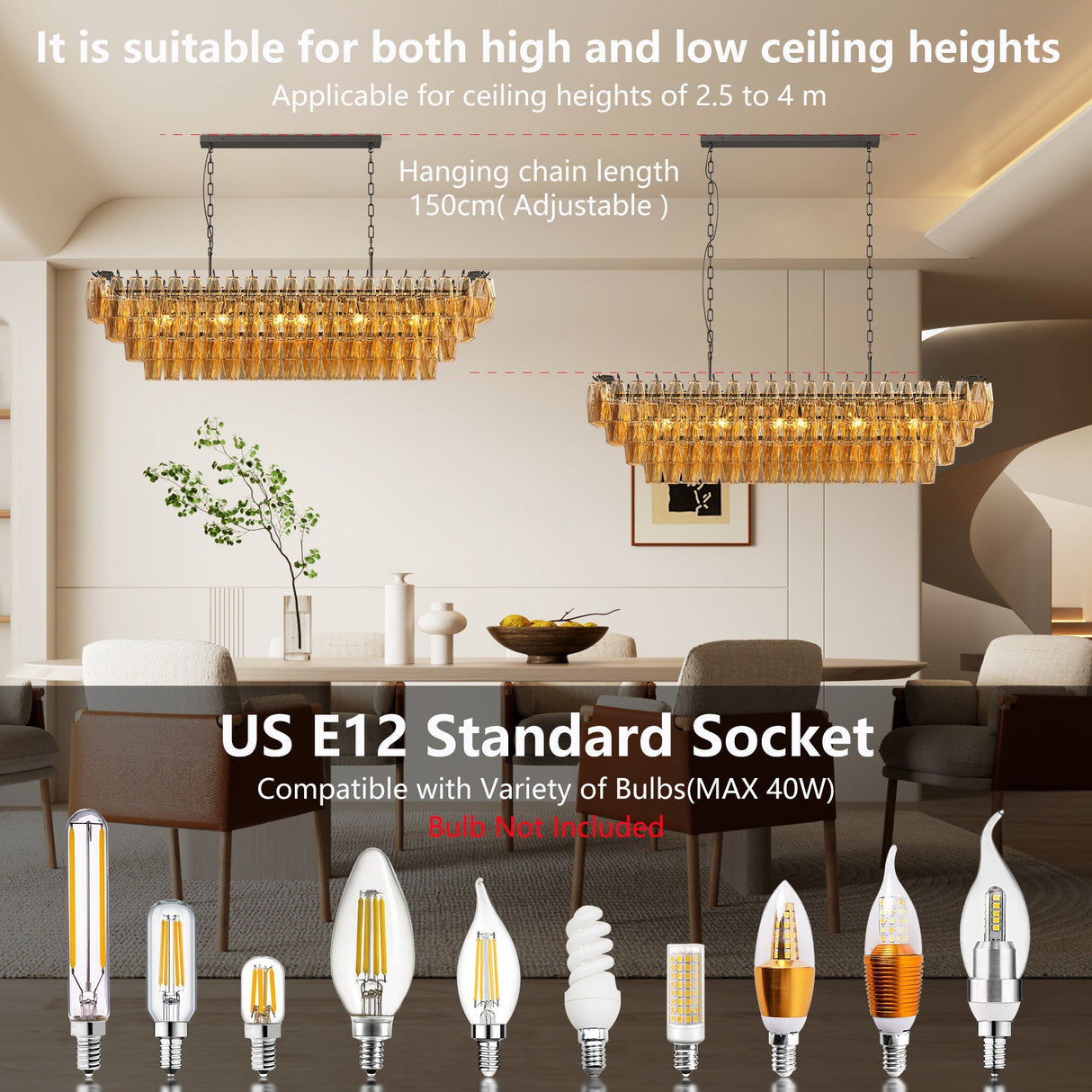 54' Black Rectangular Chandeliers for Dining Room, 12-Light 4 Tiered Large Smoke Glass Chandelier, Modern Kitchen Island Farmhouse Hanging Light Fixture for Living Room Foyer(Bulb not included)