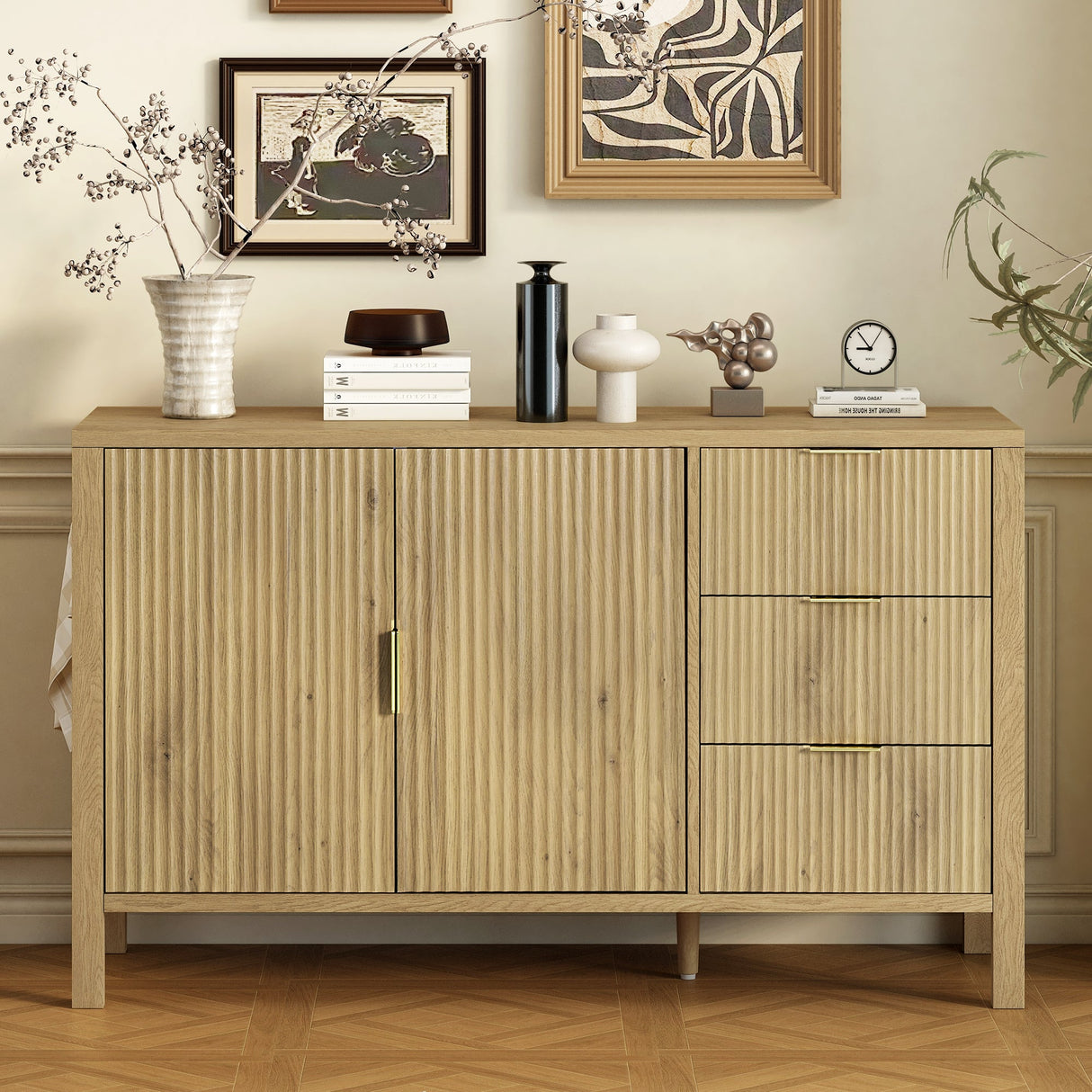 U-Style Modern Wave-Pattern Sideboard with 3 Drawers