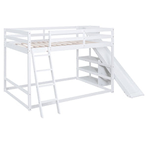Bunk Bed With Ladder, Slide, And Shelves Pine Wood