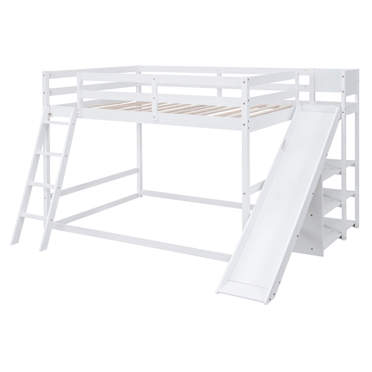 Bunk Bed With Ladder, Slide, And Shelves Pine Wood