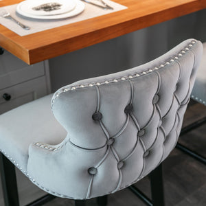 Contemporary Upholstered Wing-Back Barstools With Button Tufted Decoration And Wooden Legs, And Nailhead Trim, Leisure Style Bar Chairs, Bar Stools (Set of 2)