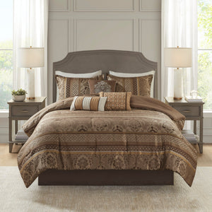 7 Piece Jacquard Comforter Set - Brown/Gold Cal King