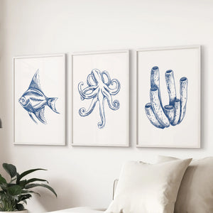 3 Piece Marine Themed Wall Art Set. Octopus, Fish, Coral