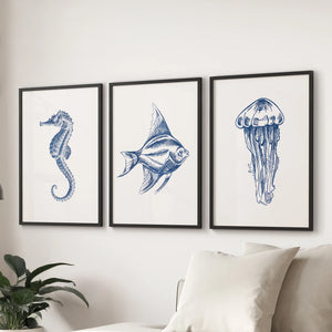 Sea Animal Posters. Seahorse, Fish, Jellyfish Art Print Set