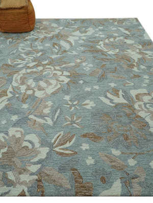 Beautiful Blue, Ivory and Olive Floral Design 8x10 Hand Tufted wool Rug