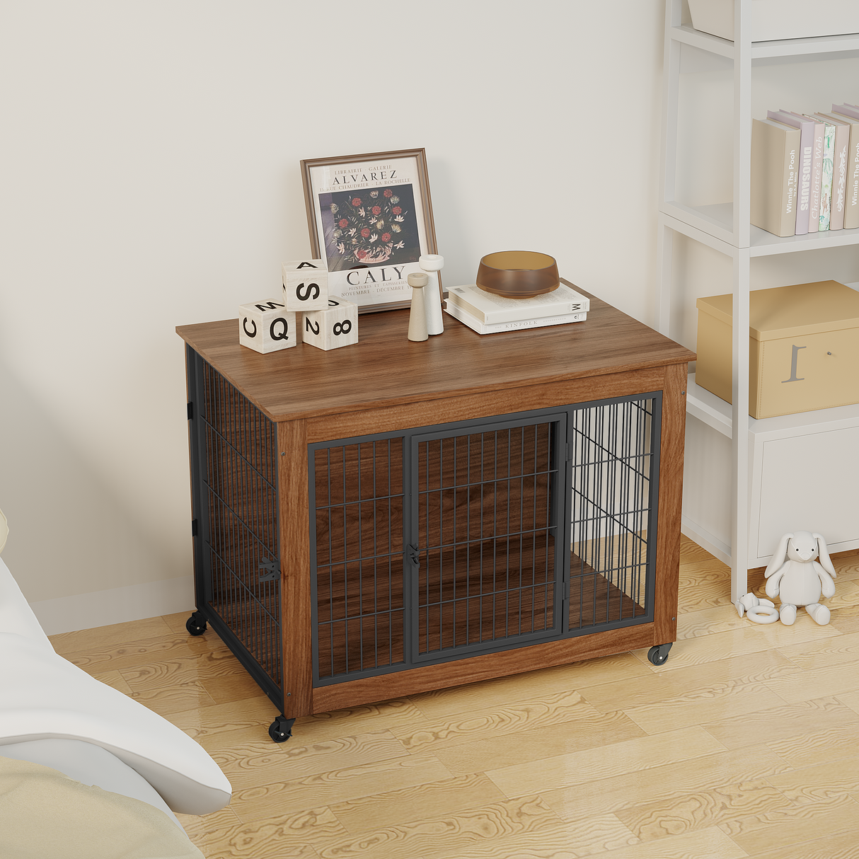 38.6" Dog Crate Furniture with Wheels for Small Dogs