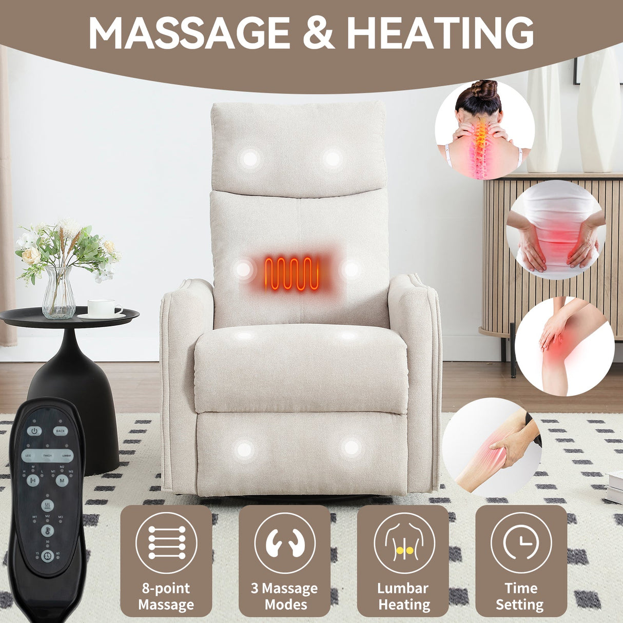 Heat Massage Manual Recliner Chair with Rocker and Swivel