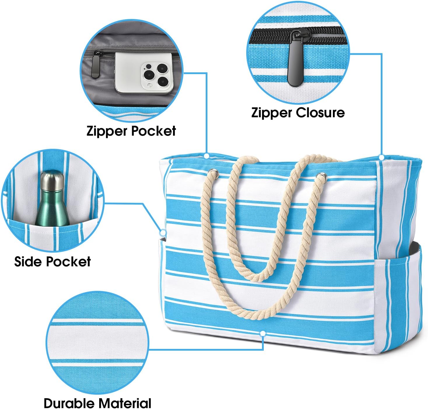 Waterproof Oversized Beach Tote Bag 20L Sandproof Zip Travel Carryall