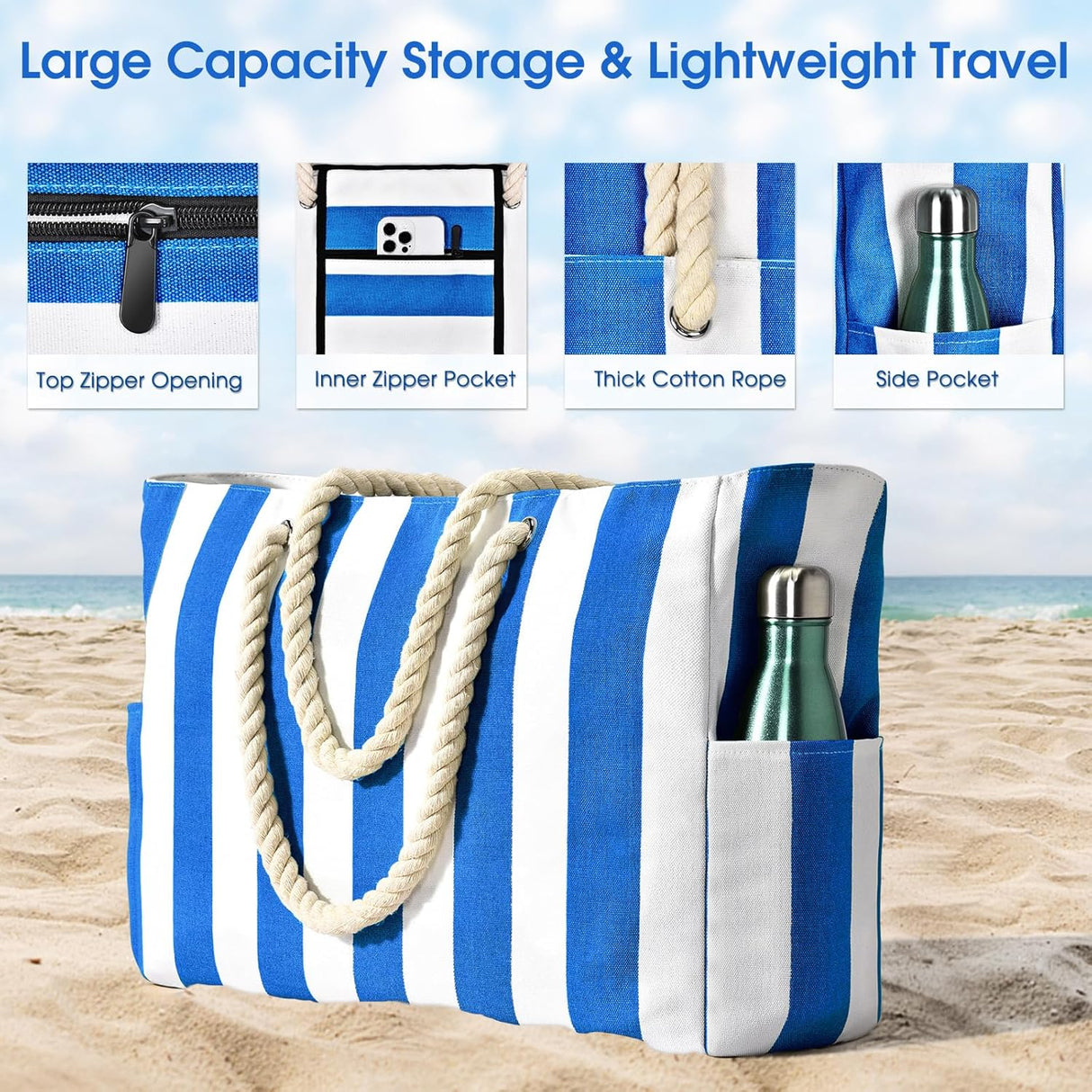 Waterproof Oversized Beach Tote Bag 20L Sandproof Zip Travel Carryall