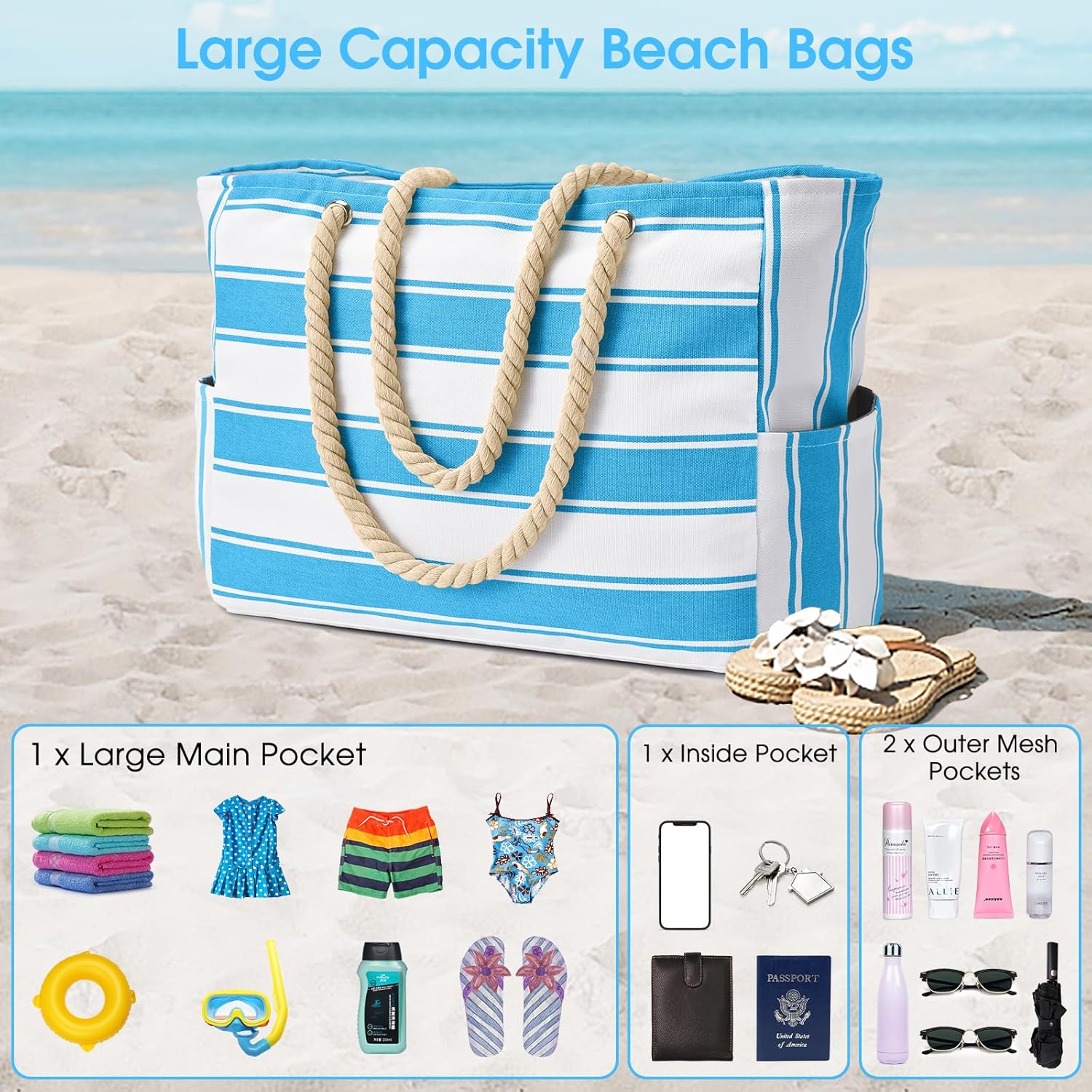 Waterproof Oversized Beach Tote Bag 20L Sandproof Zip Travel Carryall