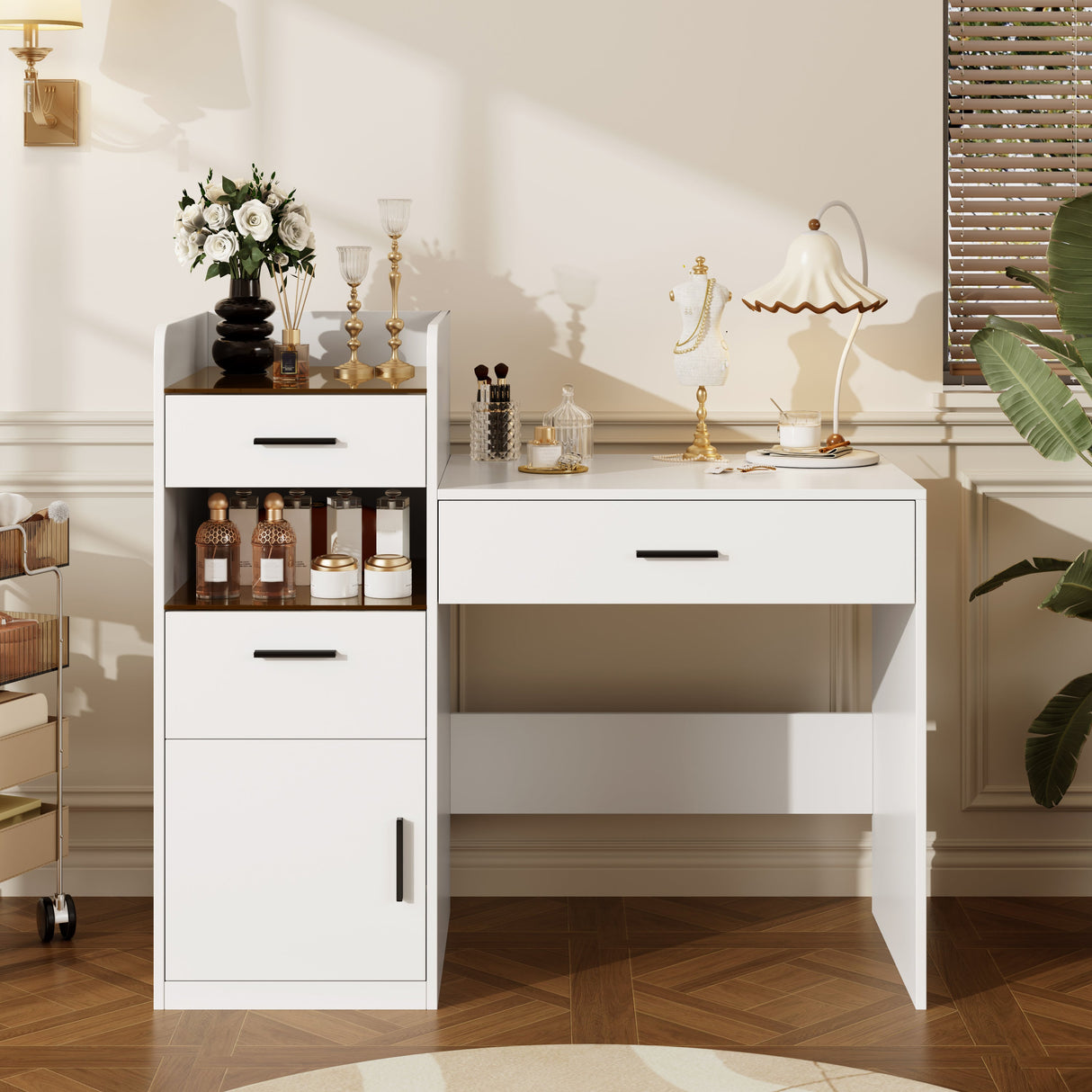 3-in-1 Vanity Desk with Flip Top Mirror, Glass Top Compact Makeup Vanity & Hidden Storage