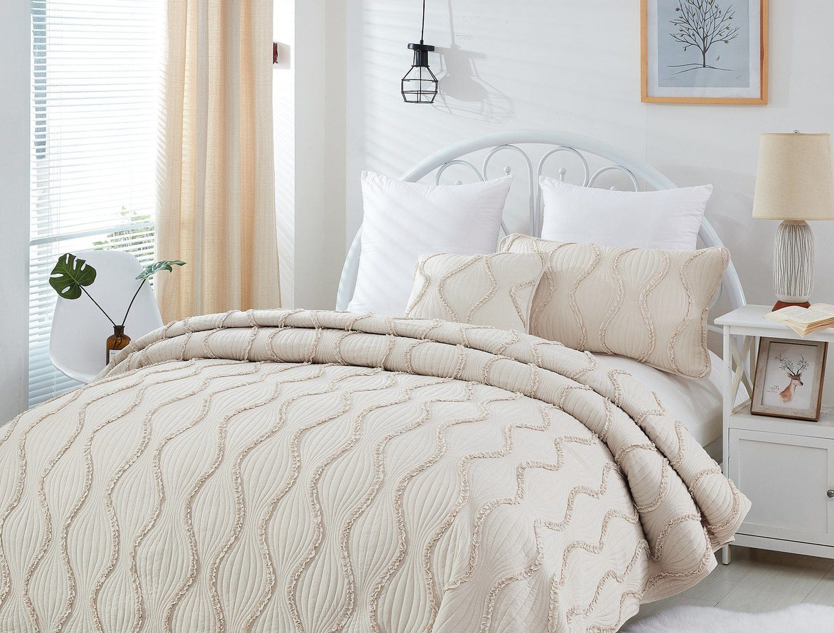 DaDa Bedding Soft Charming French Country Ruffles Quilted Cotton Bedspread Set - Ivory Cream Tan (JHW873)