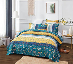 DaDa Bedding Bohemian Patchwork Bed of Wild Flowers Floral Gardenia Green Bedspread Set (JHW-886)