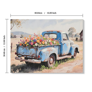 Farmhouse Old Truck Canvas Wall Art, Bloom Wall Art, Country Antique Pickup Truck Canvas Prints, Blue Truck With Red Floral Flower Art Prints for Farmhouse Spring Decor 12' Hx16' W Inches