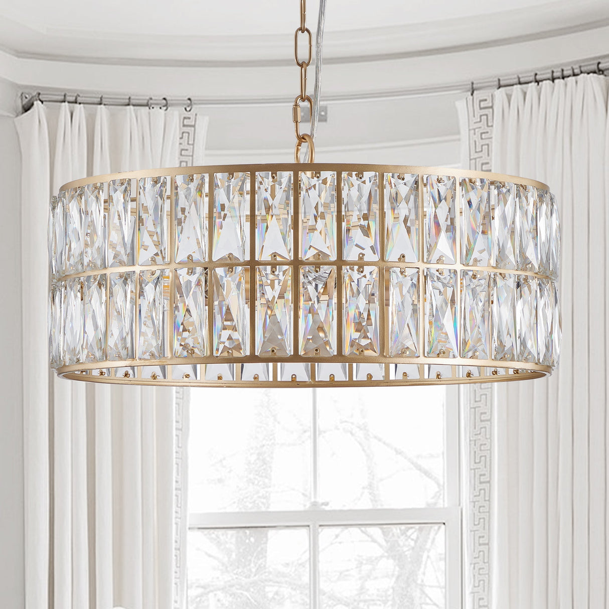 18' Golden Modern Crystal Drum Chandelier, 6-Light Pendant Lighting Fixture with Metal Frame