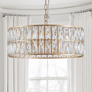 18' Golden Modern Crystal Drum Chandelier, 6-Light Pendant Lighting Fixture with Metal Frame