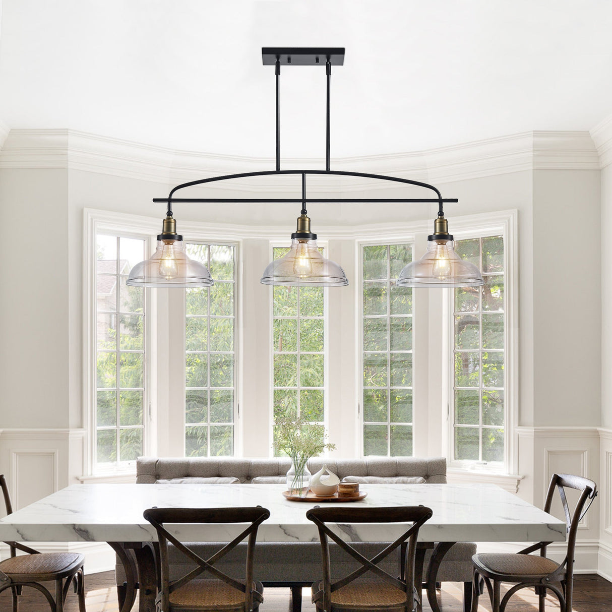 Industrial 3-Light Pendant Chandelier with Clear Glass Shades