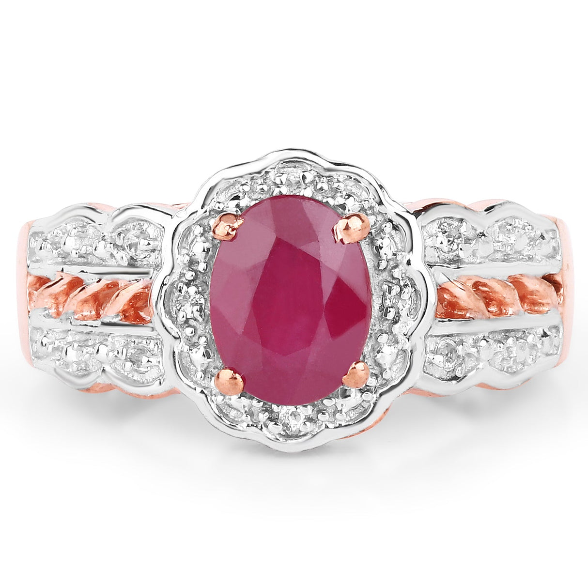 14K Rose Gold Plated 1.67 Carat Glass Filled Ruby and White Topaz .925 Sterling Silver Ring