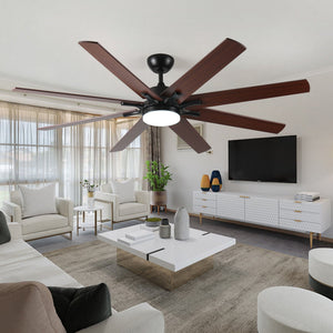 Large Ceiling Fans With Lights And Remote, Indoor / Outdoor Modern Ceiling Fan For Kitchen Living Room Patio, 6 Speed Reversible Quiet DC Motor, Dual Finish 8 Blades - Black