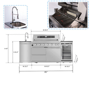 6 Burner 85, 000 Btu Deluxe Gas Outdoor Kitchen Island Grill With Wine Cooler Refrigerator, Rotisserie, Storage Cabinets & Drawers - Silver