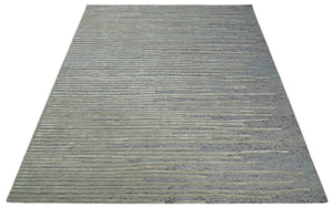 Modern Stripe Pattern Beige and Gray Hand Tufted Wool and Silk Area Rug