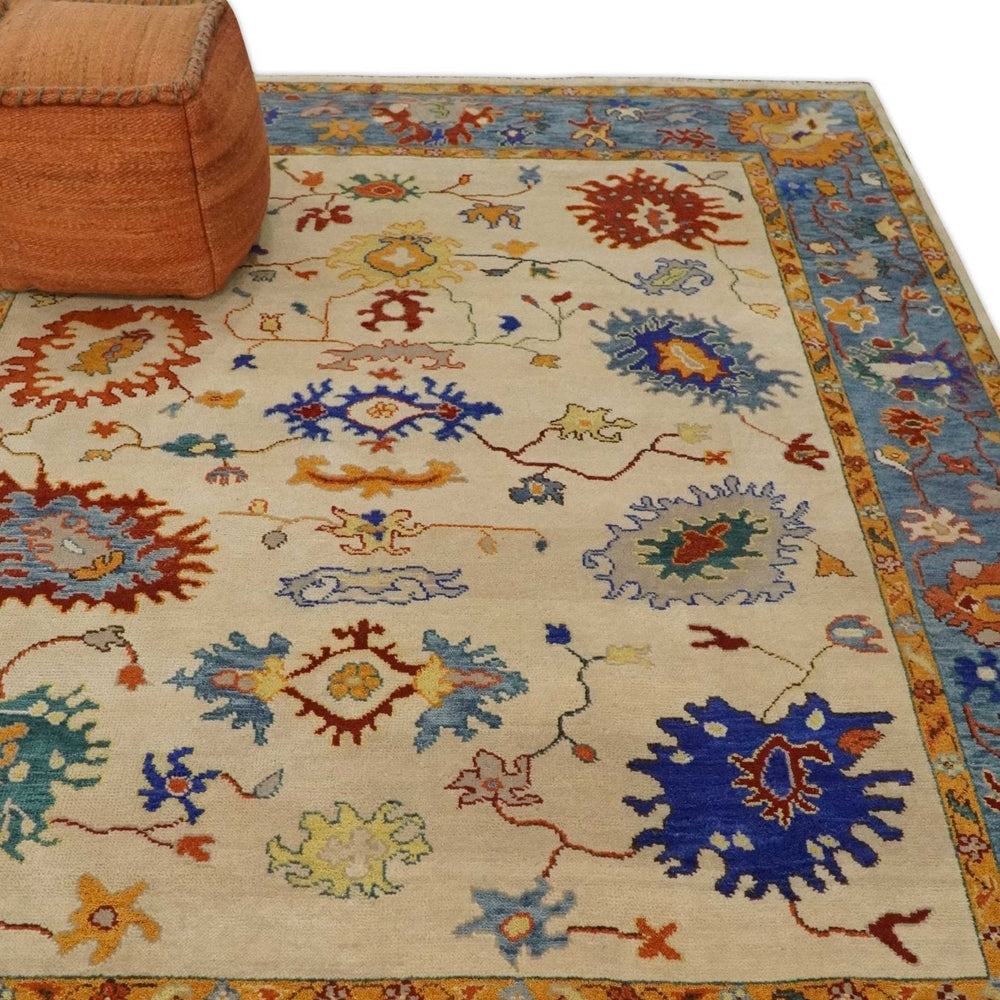 Beige, Blue and Brown Traditional Oushak Hand Knotted Custom made Wool Area Rug