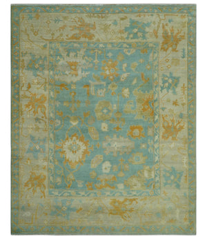 Beige And Blue Traditional 8x10 Hand Knotted Wool Area Rug