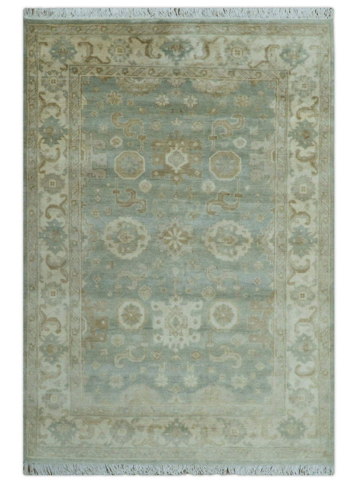 Beige And Blue Traditional Oushak Design  6x9 Hand Knotted Wool Area Rug
