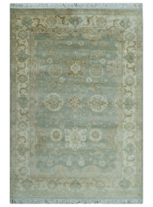Beige And Blue Traditional Oushak Design  6x9 Hand Knotted Wool Area Rug