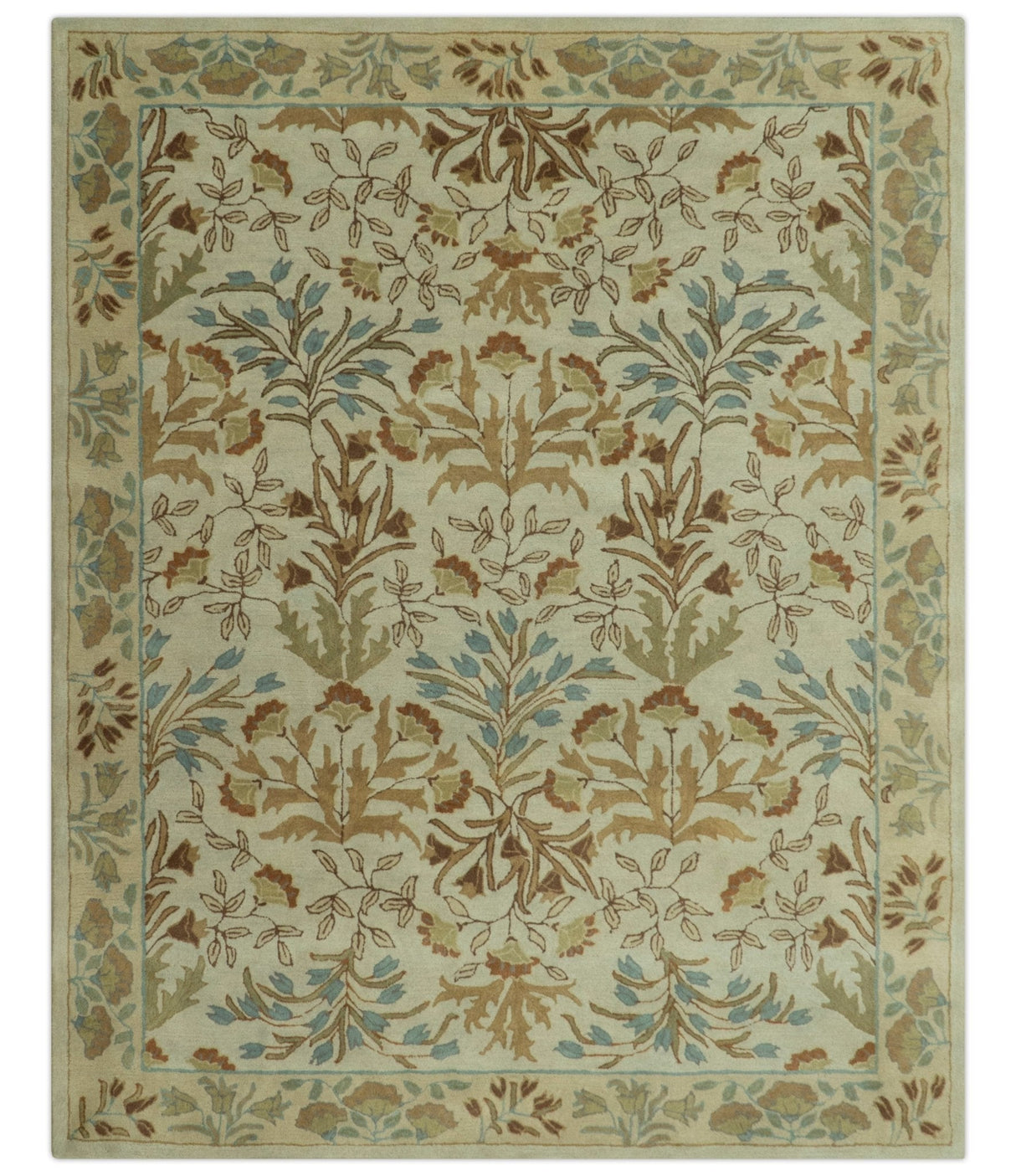 Beige And Brown Traditional Floral Design Hand Tufted 8x10 Wool Area Rug