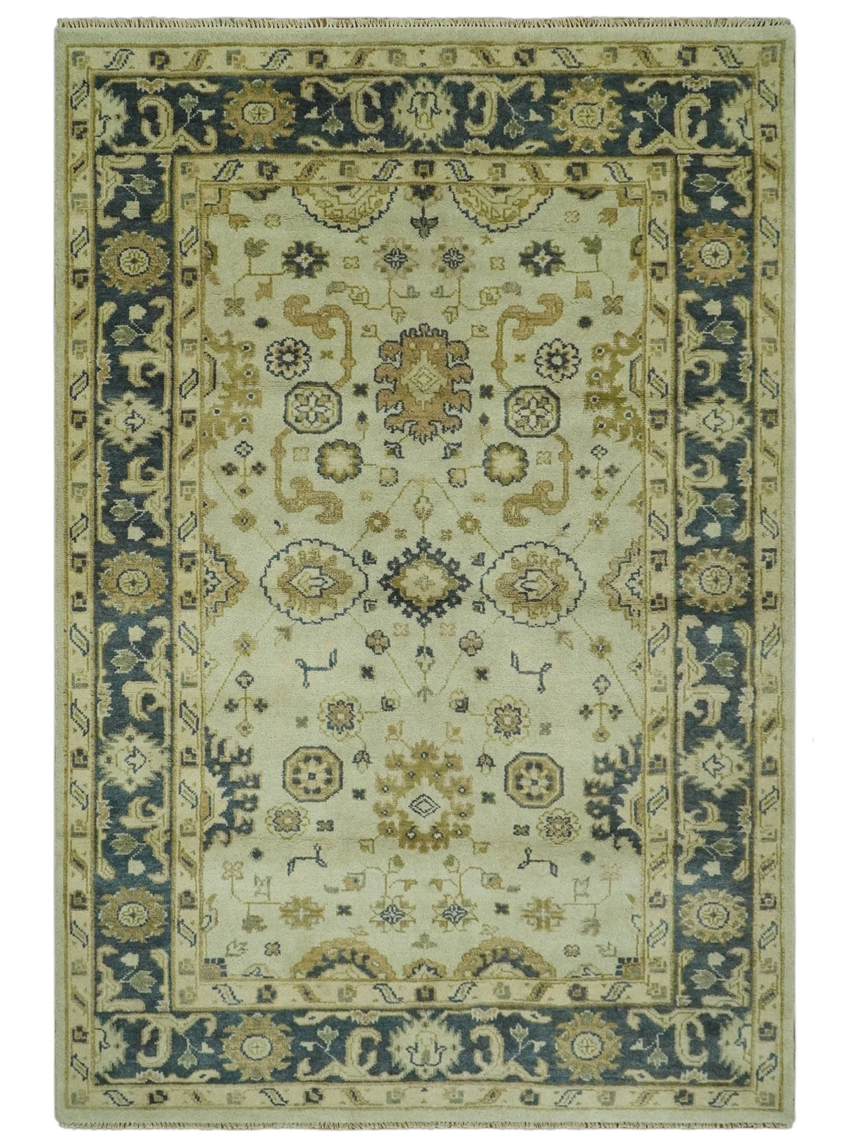 Beige and Charcoal 6x9 Hand Knotted Traditional Oriental Oushak wool area rug