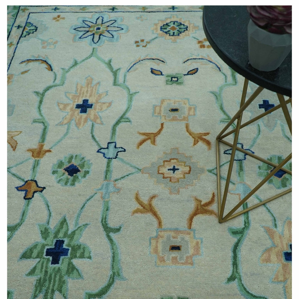 Beige and Green traditional Floral Oriental Oushak Hand Tufted Multi Size wool rug