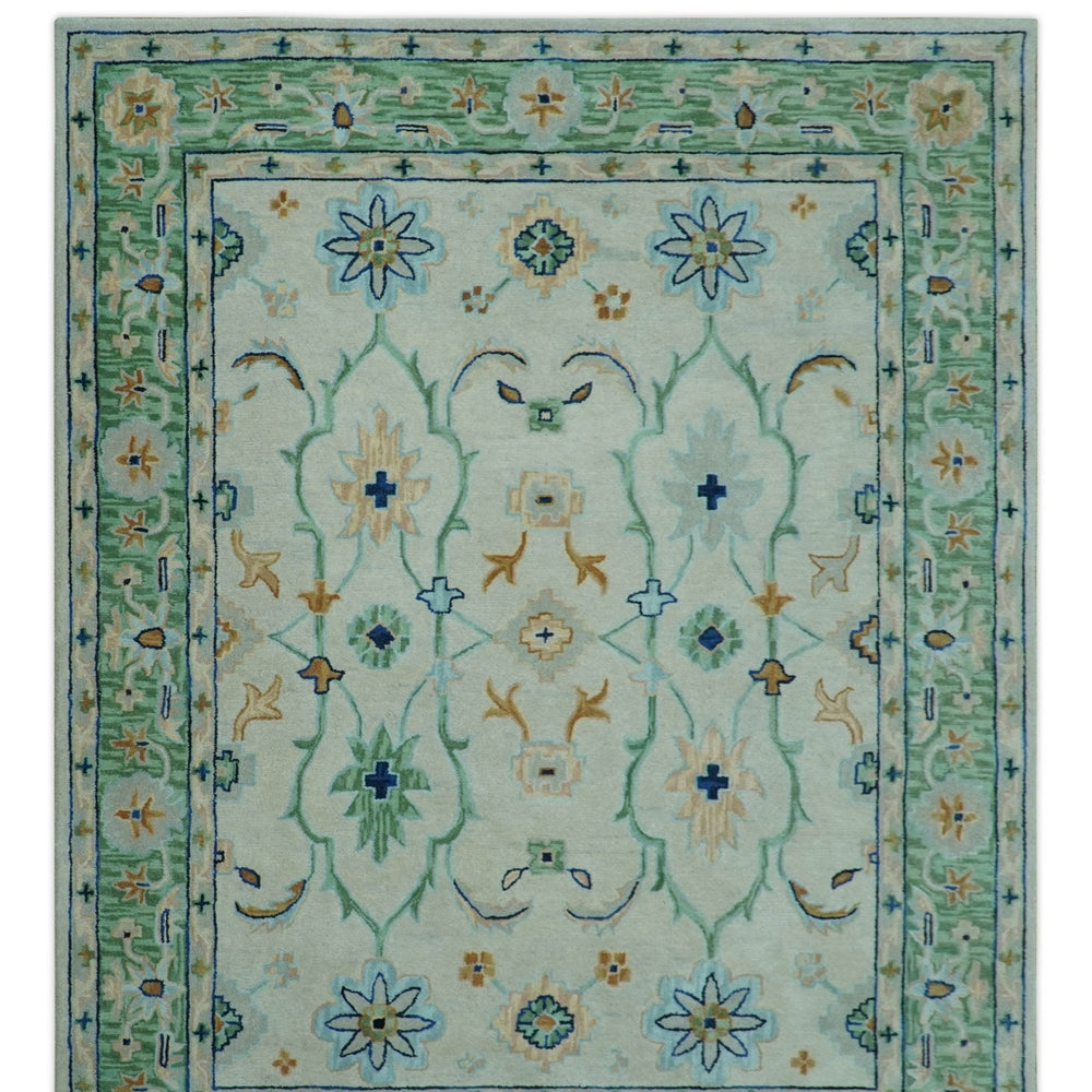 Beige and Green traditional Floral Oriental Oushak Hand Tufted Multi Size wool rug
