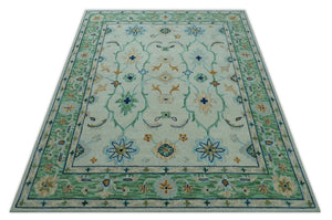 Beige and Green traditional Floral Oriental Oushak Hand Tufted Multi Size wool rug