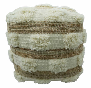 Beige and Ivory Geometrical Stripes Design Fringed wool and jute Pouf